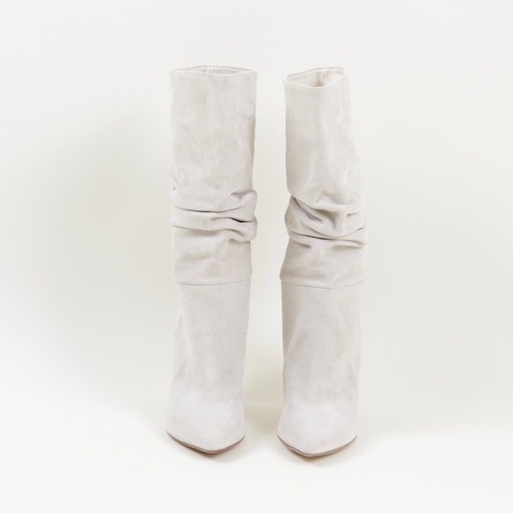 Paris Texas Shoes - Paris Texas Scrunch Suede Neutral Grey Off White Cream Mid Heeled Boots